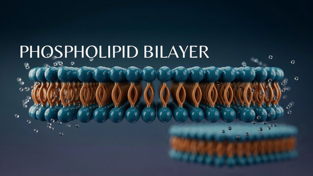 Phospholipid bilayer structure with blue and orange molecules floating in dark background with water droplets around  scientific illustration