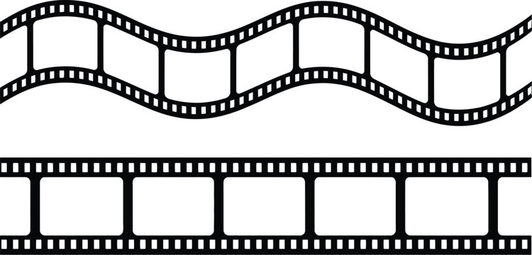Film strip vector icons set straight and wavy black photographic negative tapes isolated on white background cinema design elements. 