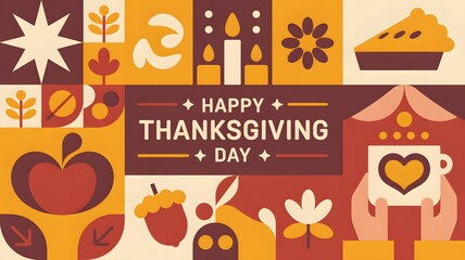 Fototapeta premium Happy thanksgiving day greeting card design with geometric autumn icons and fall symbols