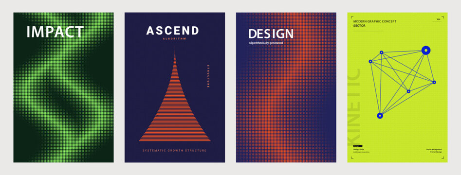 Set of modern abstract geometric poster templates with halftone dot textures, vibrant colors, and wireframe network vector
