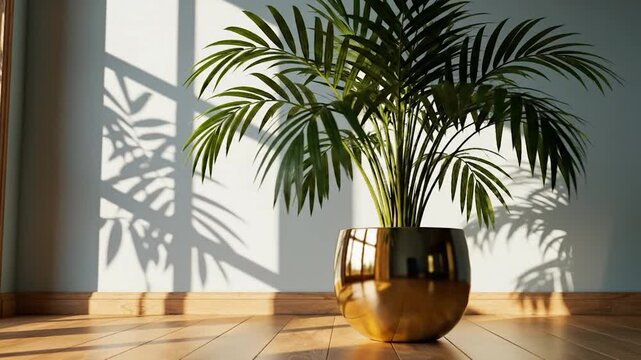 Green palm plant in golden pot on wooden floor with sunlight and shadows on wall