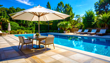 Fototapeta premium Luxury Swimming Pool and Patio with Umbrella and Lounge Chairs on a Sunny Day