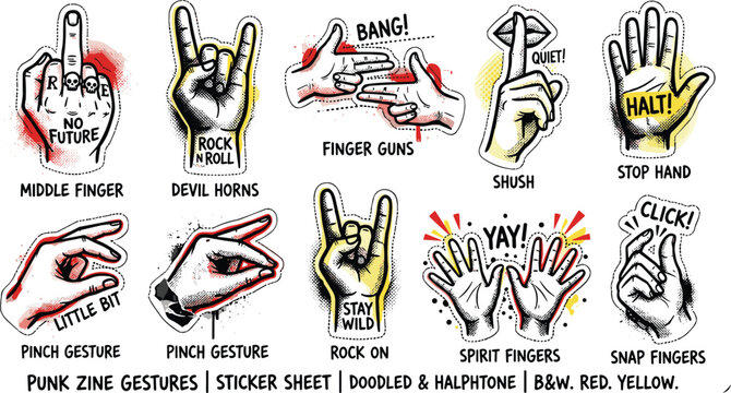 Punk Zine Hand Gesture Sticker Set with Devil Horns Rock On Finger Guns Snap Shush Stop Spirit Fingers Halftone Doodle Illustration Design