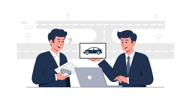 Car Purchase Decision: Two businessmen discuss buying a new car, one confused, the other presenting options on a tablet, with a road background.