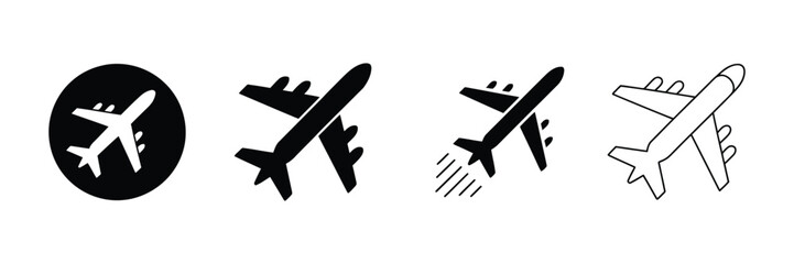 Airplane icon, takeoff logo vector, black aircraft pictogram set, flying plane silhouette graphic, airport airline jet symbol, circle sign design. © AYAT 01