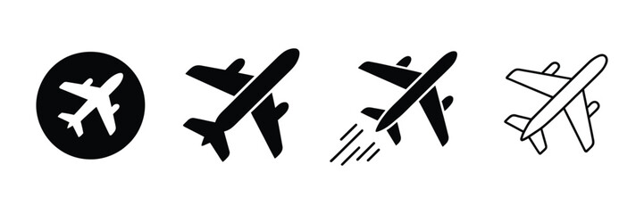 Airplane icon, takeoff logo vector, black aircraft pictogram set, flying plane silhouette graphic, airport airline jet symbol, circle sign design. ©   