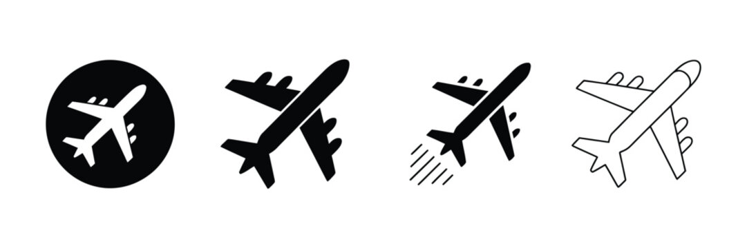 Airplane icon, takeoff logo vector, black aircraft pictogram set, flying plane silhouette graphic, airport airline jet symbol, circle sign design.