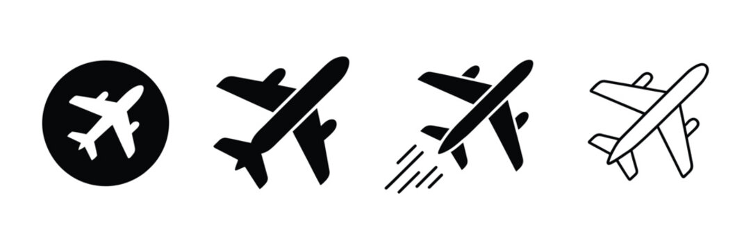 Airplane icon, takeoff logo vector, black aircraft pictogram set, flying plane silhouette graphic, airport airline jet symbol, circle sign design.