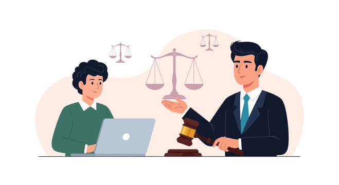 Lawyer and Client with Laptop and Gavel, Representing Justice and Legal Consultation