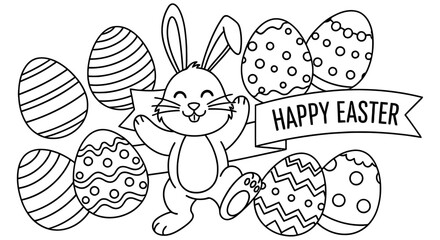 Fototapeta premium Easter eggs and bunny illustration black and white line drawing with festive banner