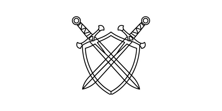 continuous single line art Two crossed swords and a medieval shield icon line art