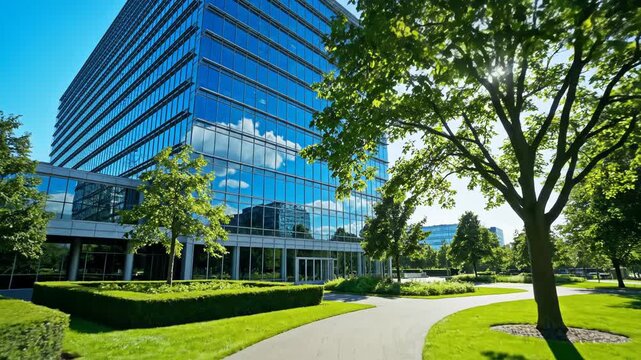Modern glass office building exterior with landscaped park and sunny sky