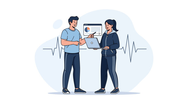 Fitness Coach and Client Discussing Progress with Laptop and Charts