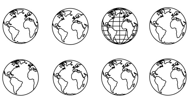 Line art globes collection multiple views of the earth on a white background