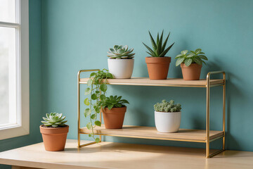 Fototapeta premium Indoor succulent and houseplants on wooden shelves by window in minimalist room