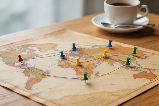 World map with colorful pins and strings showing travel routes on wooden table with coffee cup