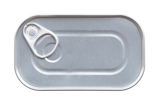 Unopened tin can, with ring-pull lid, from above. Rectangular easy-open can, a rigid, cylindrical metal container for convenient, tool-free opening, with metal loop, securely riveted to the lid. Photo