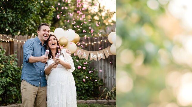 Excited Pregnant Couple at Gender Reveal Party with Pink Confetti Banner