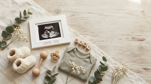 Baby Announcement Flat Lay with Ultrasound Photo and Eucalyptus