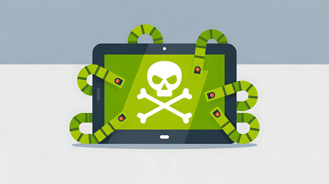 Illustration in flat design style. The app screen features a skull and crossbones, and virus-infected computer worms emerge from the tablet. A tablet infected with a virus.  