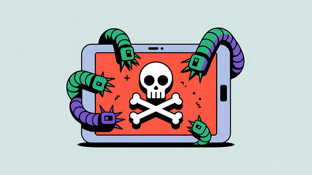 Illustration in flat design style. The app screen features a skull and crossbones, and virus-infected computer worms emerge from the tablet. A tablet infected with a virus.  