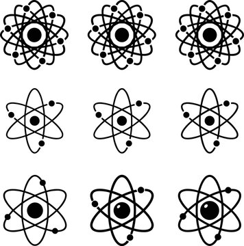 Scientific collection of nine stylized atomic symbols with nucleus and electron orbitals, showcasing diverse atomic structure and diagram variations