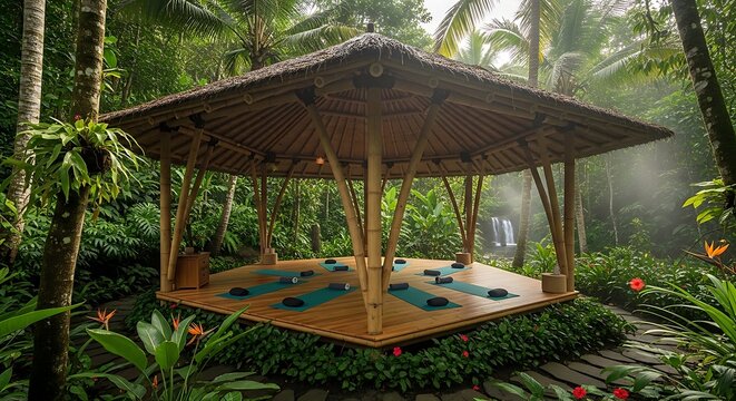 Yoga and meditation retreat pavilion nestled in a lush tropical jungle.
