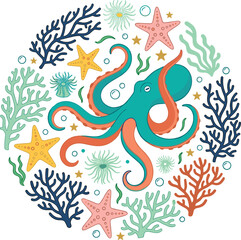 Fototapeta premium Colorful Octopus and Coral Reef Illustration with Starfish, Sea Plants, and Marine Life Ocean Vector Design