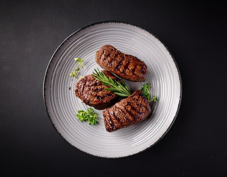 roasted bbq chuck roll beef steaks garnished with herbs black background bird s eye view