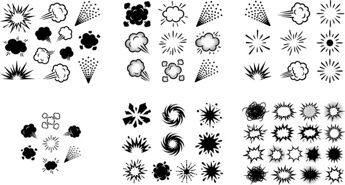 Stylized black and white explosion icons featuring bursts, smoke clouds, radial lines, dotted gradients, and comic impact effects collection