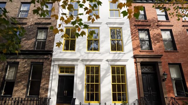 Classic brownstone townhouses with yellow window frames in a city street