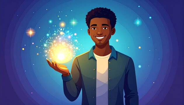 Man holds glowing orb.