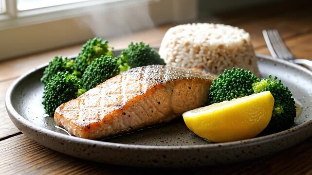 Grilled salmon fillet with steamed broccoli and brown rice served on a plate near a window
