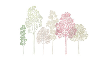 CAD tree drawing, architectural wetland forest outlines, minimal side view vegetation elements, landscape design sections, separate vector illustration components. © AYAT 01