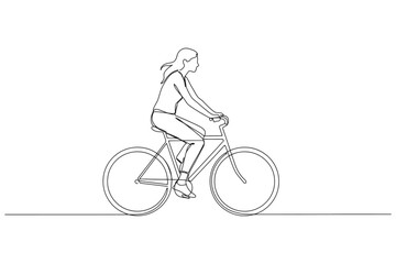 Obraz premium Continuous single line drawing of woman riding bicycle with continuous minimalist lifestyle transportation exercise recreation movement monoline illustration activity silhouette wellness