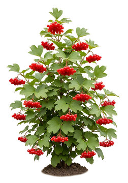 Viburnum opulus tree with red berries isolated on white background