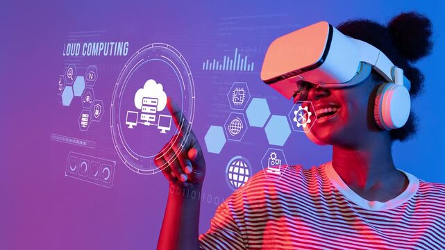 Young woman wearing virtual reality headset interacting with data visuals in cloud computing concept against colorful background. Entropy.