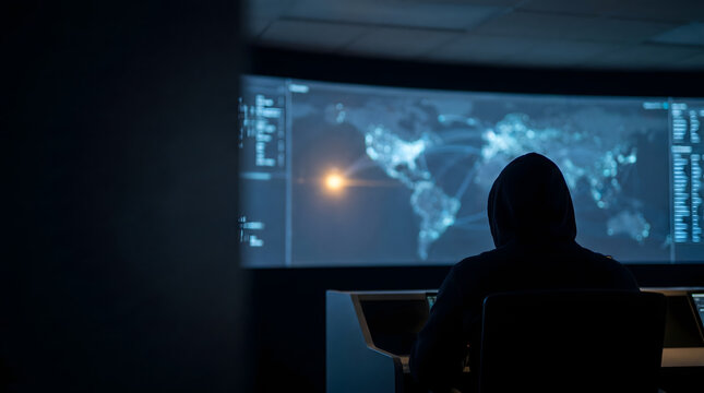 Anonymous hacker in a dark room, silhouetted against a large screen displaying a world map with data.
