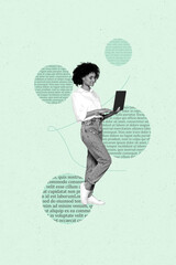 Obraz premium Trend surreal collage of person use gadget stand on teal background with book page circle shape
