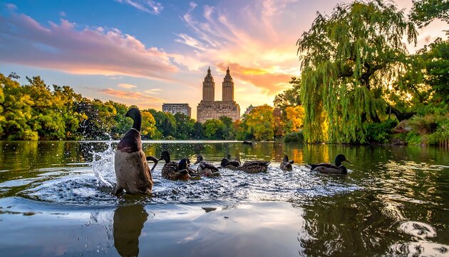 Geese splash in a calm pond at sunset with trees and tall city buildings in the background
