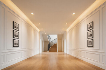 Fototapeta premium Modern spacious hallway with wooden flooring, white paneled walls, framed pictures, and a central staircase