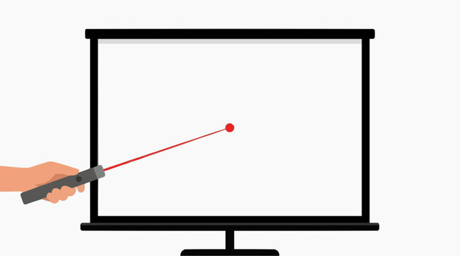 Hand holding laser pointer aiming at a blank presentation screen with a red dot on the screen