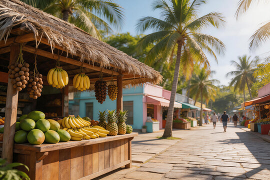 Outdoor tropical fruit market stall with bananas, pineapples, mangoes, and longans under a thatched roof
