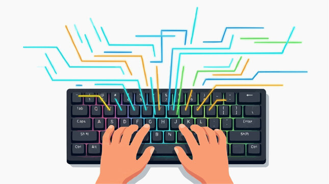 Hands typing on a colorful glowing keyboard with abstract digital data streams flowing upwards representing technology and information flow