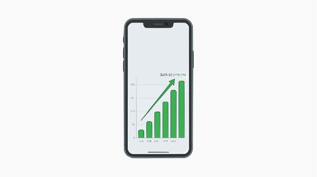 Mobile phone displaying a green bar chart with an upward trend and financial data indicating growth and profit