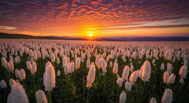 Stunning sunset over a vast field of blooming white bear grass wildflowers in the mountains