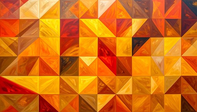 Geometric painting with golden, brown, and red triangles arranged in squares, creating a warm, abstract mosaic pattern