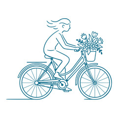 Fototapeta premium Woman Riding Bike With Flower Basket.