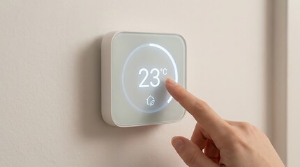 Fototapeta premium Hand Adjusting Modern Digital Thermostat on White Wall with Temperature Display