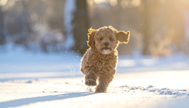 Furry brown puppy runs eagerly in snow, ears flopping, sunlight glinting on cold winter day